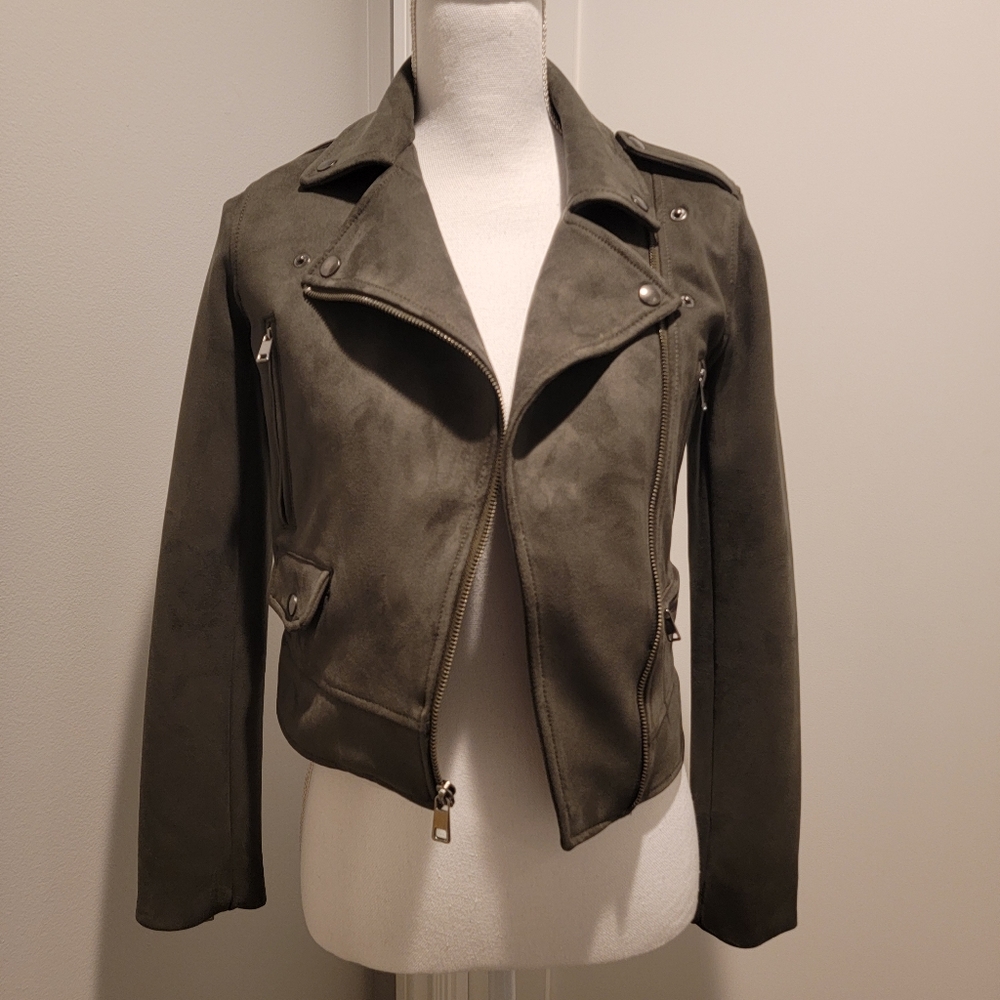 ‼️SOLD‼️BANANA REPUBLIC OLIVE GREEN VEGAN-SUEDE MOTOR JACKET - Picture 1 of 9